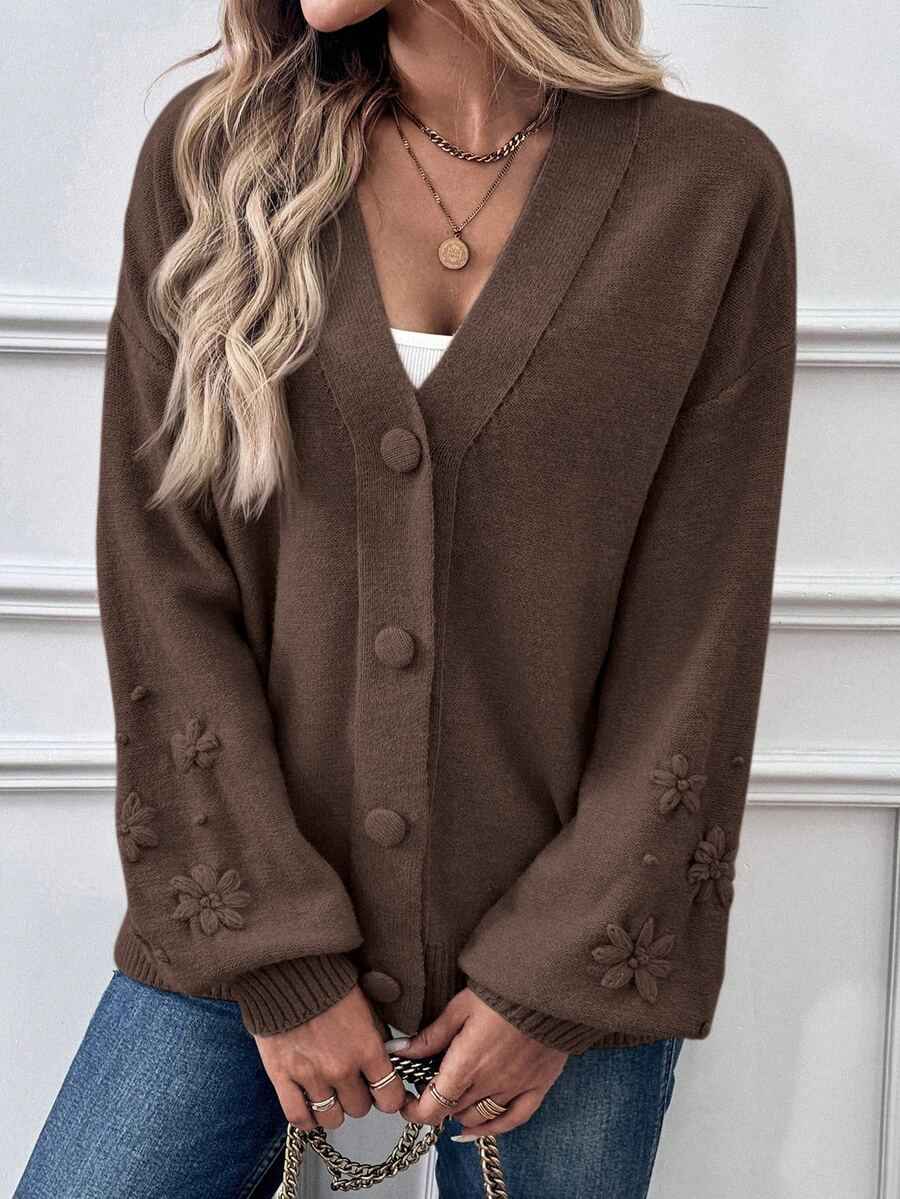 EMERY ROSE Plus Size Women's New Dark Gray V-Neck Embroidered Decoration Cardigan, Versatile Slimming Knit Sweater, Long Sleeve Jacket, - Brown - View 1