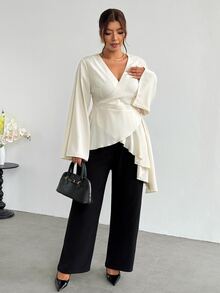 Firerie Plus Size Elegant Commuter Solid Color Wrap Asymmetric Hem Blouse - Apricot - View 7