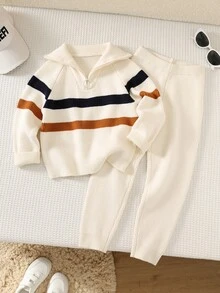 SHEIN 兒童小男孩秋冬森系翻領條紋毛衣套裝 - 彩色 - 查看 1