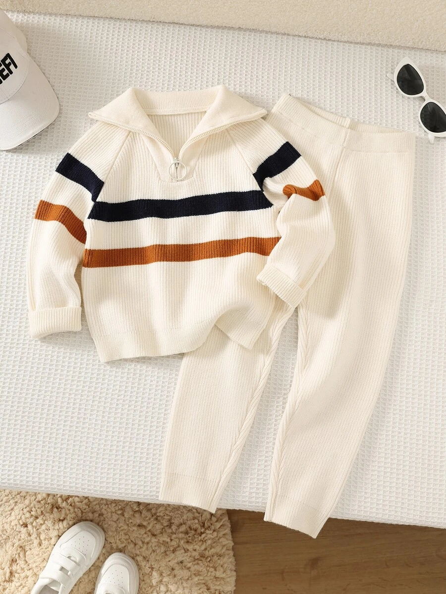 SHEIN 兒童小男孩秋冬森系翻領條紋毛衣套裝 - 彩色 - 查看 1
