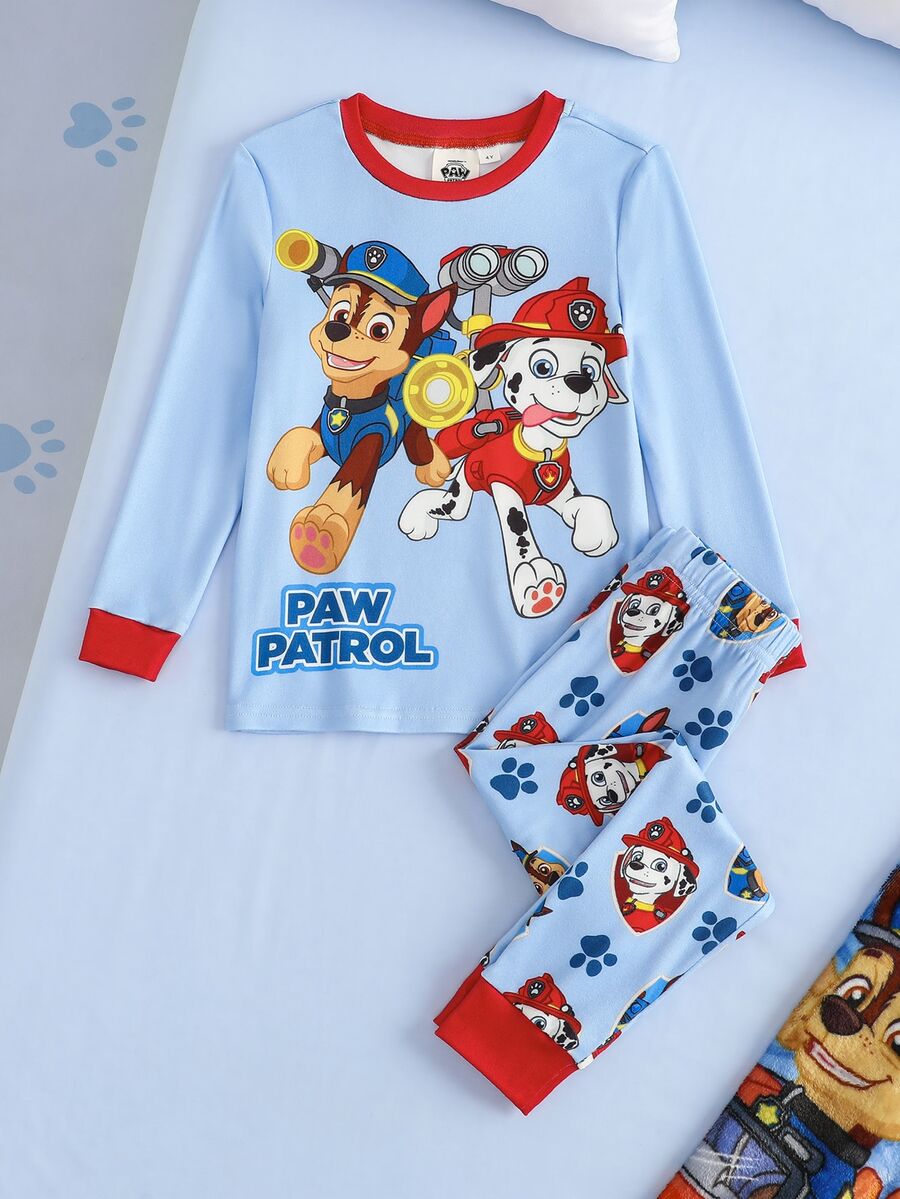 SHEIN | PAW Patrol 小男孩卡通印花短袖上衣與長褲休閒日常居家睡衣套裝 - 藍色 - 查看 1