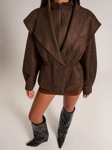 SHEIN BAE Jaket Lengan Panjang Wanita Warna Polos Kasual Serbaguna untuk Sehari-hari - Coklat - View 6