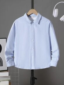 SHEIN Little Byeori 兒童青少年男孩休閒簡約條紋布料長袖襯衫，適合通勤、上學、日常休閒、度假旅行、運動，適合秋冬穿著 - 藍色 - 查看 3