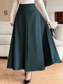 DAZY Dark Green High Waist Button Decor A-Line Flared Elegant Commute Midi Skirt Women Autumn Winter - Khaki - View 1