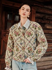 Anewsta Autumn/Winter Apricot Oil Painting Style Round Neck Elegant Jacket - Apricot - View 6