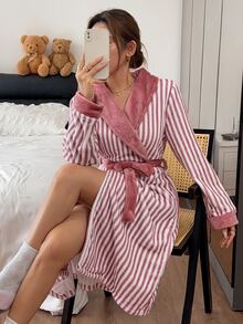 Napfluff Casual Striped Plush Lapel Long Sleeve Women's Loungewear Robe - Dusty Pink - View 1