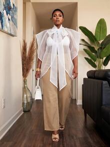 Slaydiva Spring/Early Autumn New Style Date, Commute, Modern, Daily Street, Music Festival, Holiday, Best Friend Gathering, Party Occasion Loose Neckline Tie Bow Ribbon Sheer White Mesh Cover Up Plus Size Women's Shirt Top-Z - White - View 9