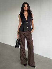 FavEase Women's Solid Color Metal Single Button Casual Versatile Blazer Vest - Black - View 4