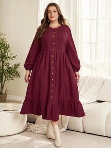 EMERY ROSE Plus Size Burgundy Ruched Button Front Ruffle Round Neck Long Sleeve Dress Fall Winter 2026 - Burgundy - View 6