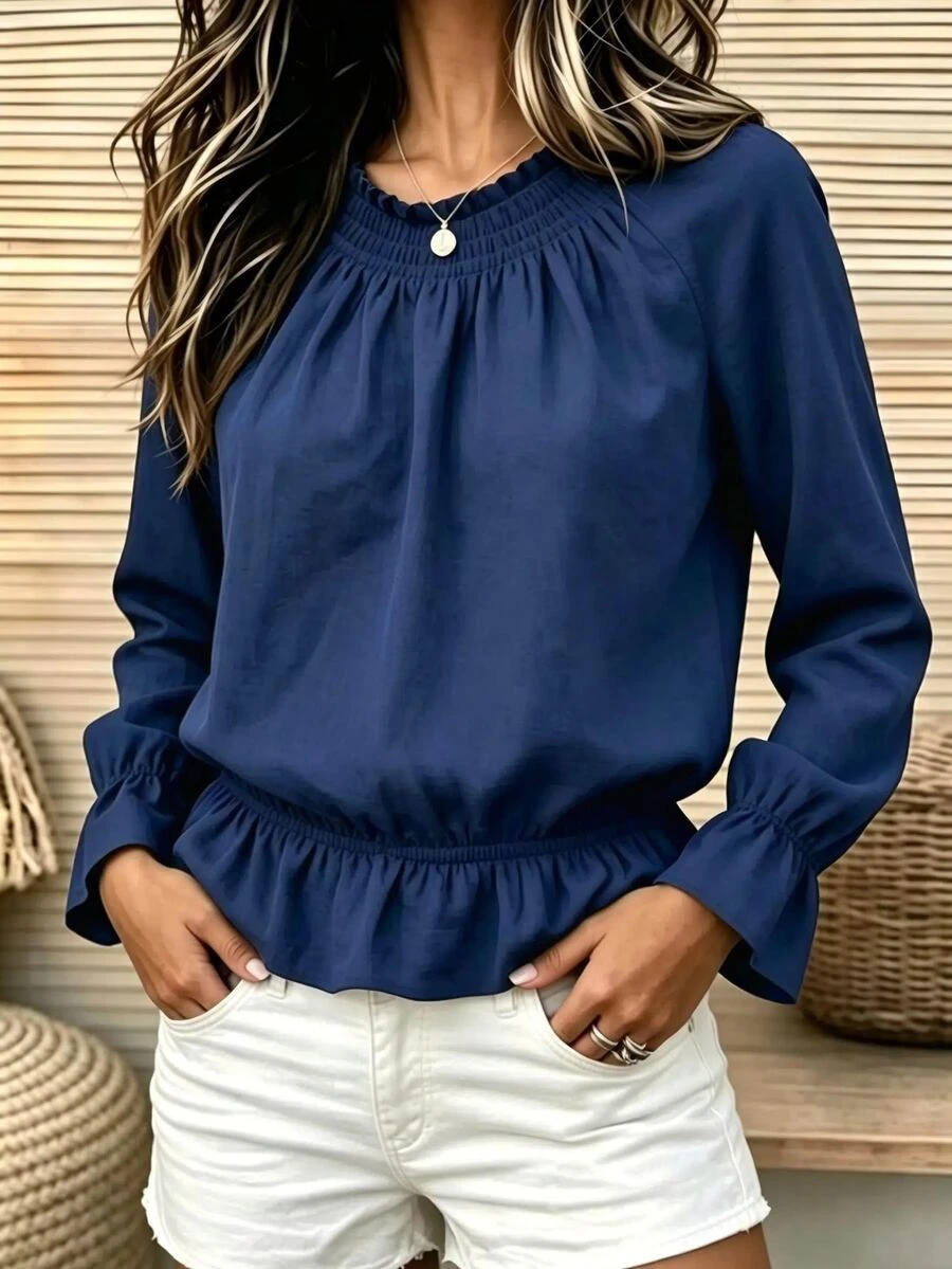 Zayélia New Autumn Women's Long Sleeve T-Shirt Blouse With Ruffle Hem, Fashion Design Solid Color Top - Navy Blue - View 1