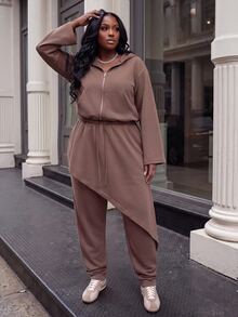 Slaydiva Autumn/Winter Brown Hooded Cardigan & Asymmetrical Hem Jogger Pants 2 Pieces Set Plus Size Fall - Brown - View 11