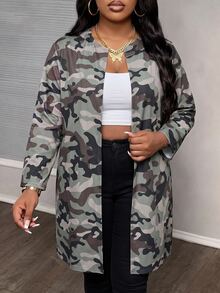 Slaydiva Plus Size Autumn Casual Cowgirl Camouflage Print Jacket Fall Travel Office Olive Green - Green - View 9