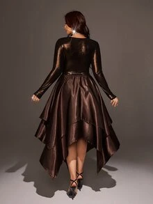 Viva Relle Plus Size Square Neck Long Sleeves Metallic Bodice With Satin Patchwork Asymmetrical Hem Party Dress Fall - Brown - View 5