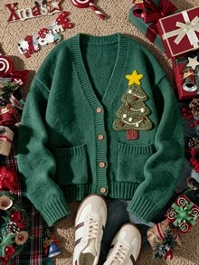 Grovea Plus Size 3D Christmas Tree Knit Cardigan Women V-Neck Button-Up Long Sleeve Green With Pockets Sweater Jacket Holiday Casual Knit Top - Green - View 1