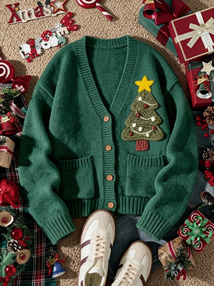 Grovea Plus Size 3D Christmas Tree Knit Cardigan Women V-Neck Button-Up Long Sleeve Green With Pockets Sweater Jacket Holiday Casual Knit Top - Green - View 1