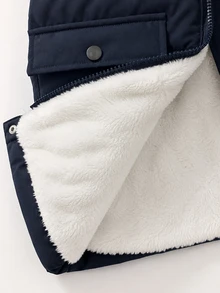 Boys Casual Letter Print Raglan Sleeve Navy Blue Mid-Length Hooded Detachable Fur Collar Thermal Lined Jacket, Winter Tops - Blue - View 7
