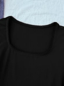 SHEIN Tween Girl 女童長袖 T-Shirt，彈性領口修身剪裁，百搭簡約舒適款 - 黑色 - 查看 7
