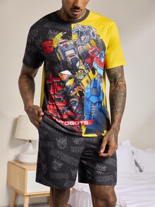 Transformers X SHEIN Men's Cartoon Print Short Sleeve Top And Pocket Shorts Loungewear Set - Black - View 6