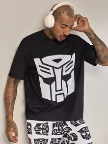 Transformers X SHEIN Set Pakaian Santai Pria Motif Kartun Lengan Pendek Atasan dan Celana Pendek - Hitam dan Putih - View 3