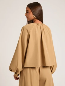 SHEIN BAE Women's Loose Casual Solid Color Round Neck Ruched Washed Double-Layer Placket Open Front Lantern Sleeve Trench Coat Jacket - Khaki - View 2
