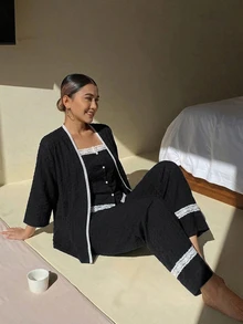 DAZY 3件組度假風女款睡衣套裝，3D波點紋理布料 - 黑色 - 查看 4