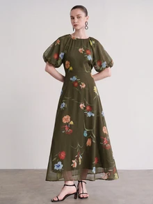 Aveloria Modichic Women's Chiffon Colorful Floral Print Raglan Sleeve Round Neck Short Sleeve Cinched Waist Elegant Long Dress - Dark Green - View 5