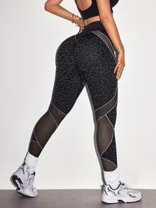 Slayform 1pc Regular Waist/Hip Lift/Leopard Print/Hollow Out/Contrast Color Design/Basic Style/Sports Leggings+Fitness/Yoga - Multicolor - View 1
