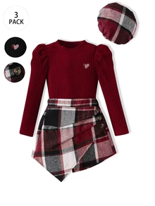 Elladie kids Young Girl Wine Red Knit Long Sleeve + Plaid Asymmetrical Skort (Includes Hat) Set Suitable For Late Autumn, Early Winter, Early Spring - Burgundy - View 4