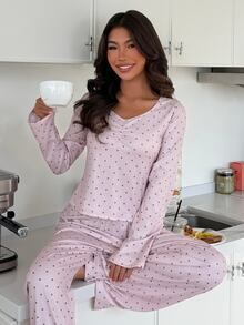 ZzzCrew Polka Dot Print Long Sleeve Long Pants Pajama Set - Pink - View 1