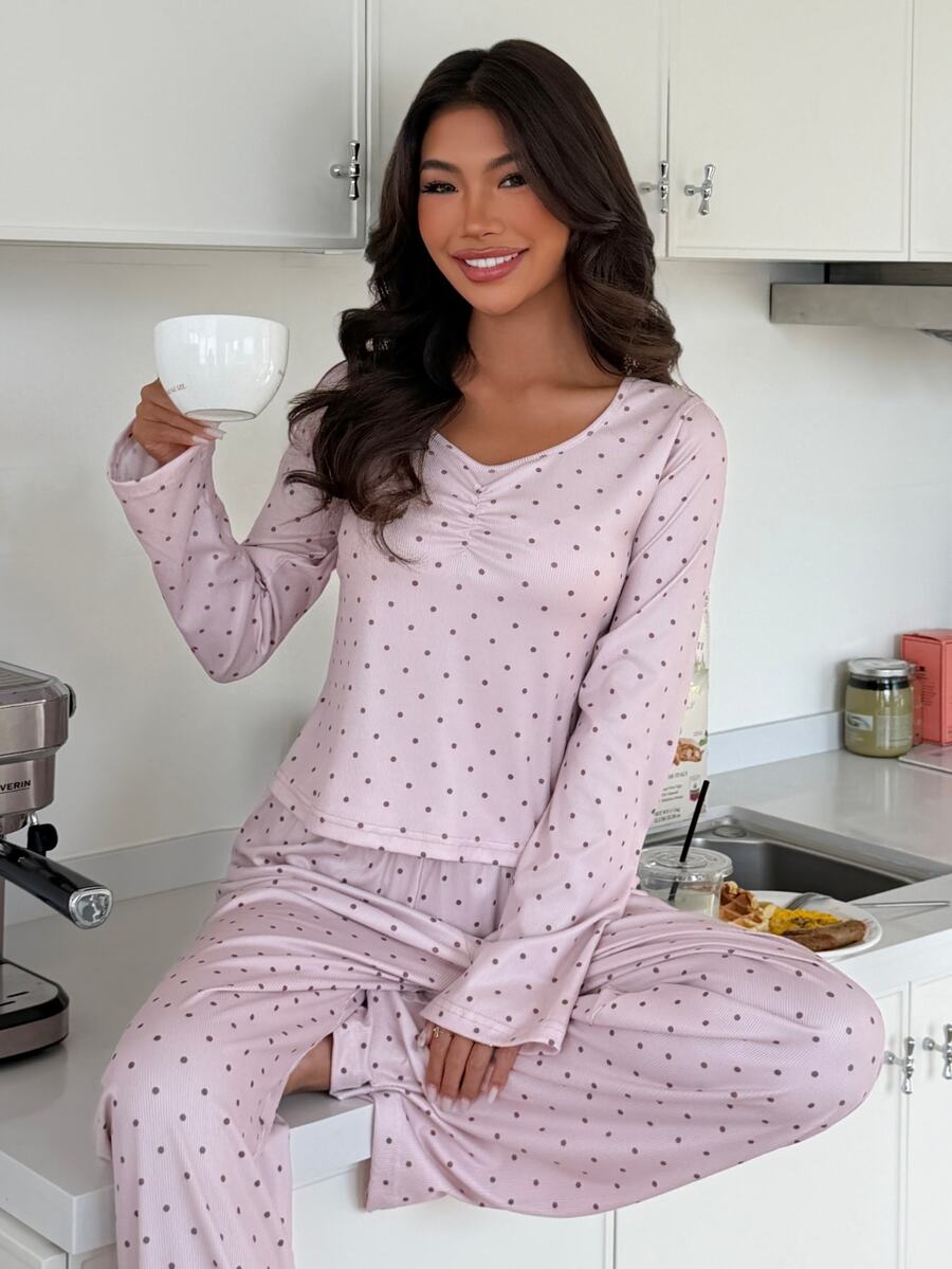 ZzzCrew Polka Dot Print Long Sleeve Long Pants Pajama Set - Pink - View 1