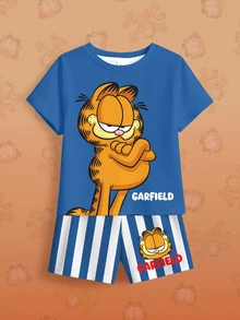 GARFIELD | SHEIN Young Boy Cartoon Print Short Sleeve T-Shirt And Shorts Casual Daily Set - White - View 8