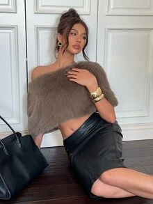 Aloruh Women's Autumn/Winter Versatile Asymmetrical Collar Faux Fur Top, Army Green Fluffy Fashion Top - Army Green - View 6