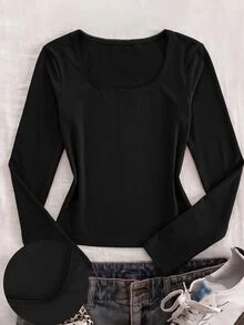 SHEIN Tween Girl 女童長袖 T-Shirt，彈性領口修身剪裁，百搭簡約舒適款 - 黑色 - 查看 2