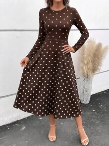 SHEIN Clasi 女款棕色與白色波點印花圓領長袖優雅復古中長洋裝，適合日常約會秋季穿著 - 彩色 - 查看 1