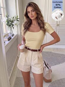 Easowa Women's Square Neck Short Sleeve Casual All-Match Modest T-Shirt Pale Yellow Summer Brunch - Pale Yellow - View 5