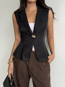 FavEase Women's Solid Color Metal Single Button Casual Versatile Blazer Vest - Black - View 5