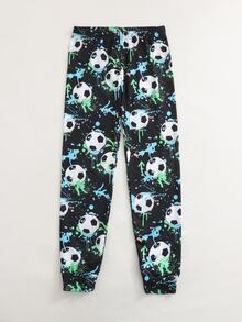 SHEIN Tween Boy Soccer Smiling Face Pattern Crew Neck Long Sleeve Pants Casual Comfortable Fitted Home Sleepwear Set 2pcs - Multicolor - View 5