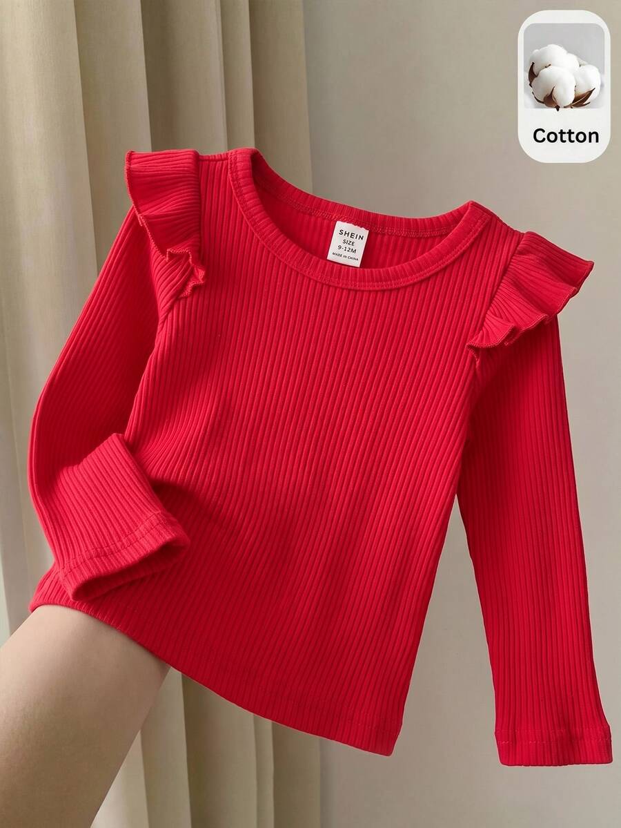 SHEIN 女嬰針織素色圓領荷葉邊休閒T恤上衣 - 紅色 - 查看 1