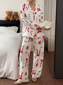 Napfluff Christmas Element Print Open Front Lapel Bubble Crinkle Comfortable Women's Pajama Set - Apricot - View 7