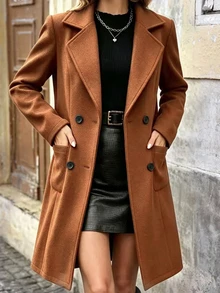 SHEIN 女款純色中長版外套，缺口領、雙排扣設計，冬季新年穿搭衣物 - 駝色 - 查看 4