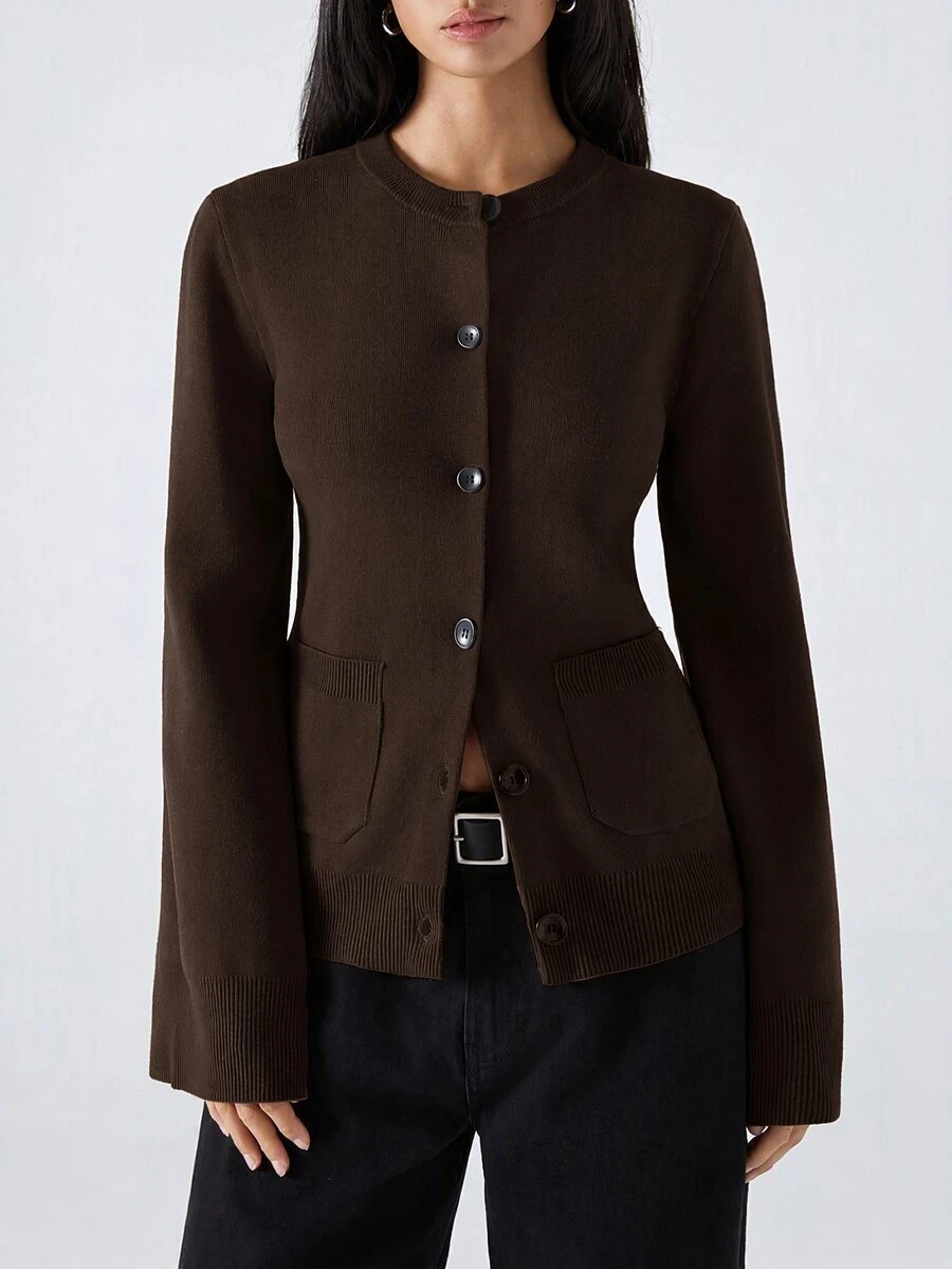 LYSMO Women's Vintage Single-Breasted Long Sleeve Pocket Knit Top - Brown - View 1