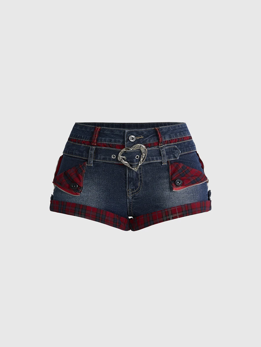 ROMWE Spring Summer Autumn Y2K Retro Plaid Heart Button Decor Casual Mini Denim Shorts For Women - Medium Wash - View 1