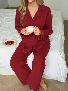 DAZY Women's Lace Patchwork Long Sleeve Top And Pants Casual Daily Home Sleepwear Set - Red - View 12