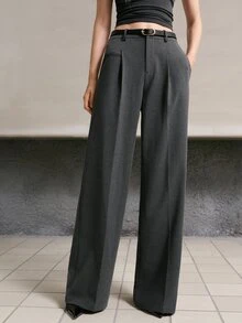 MOTF PREMIUM WOMEN'S PLEATED POCKET ELEGANT WIDE LEG SUIT PANTS FOR COMMUTING - Dark Grey - View 5