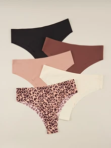 Bralution 5pcs/Pack Celana Dalam Segitiga Wanita Seksi Motif Leopard & Warna Polos Tanpa Jahitan - MultiWarna - View 1