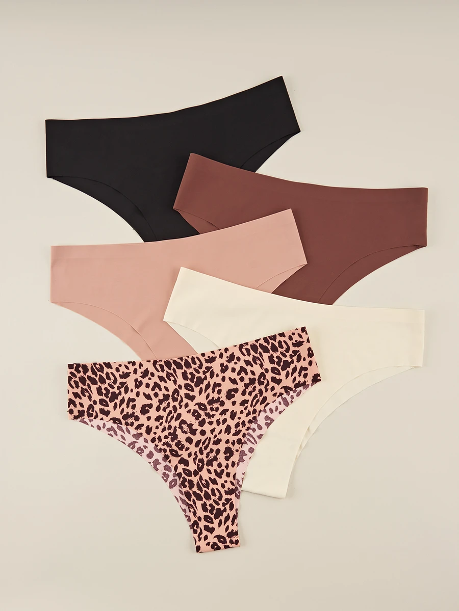 Bralution 5pcs/Pack Celana Dalam Segitiga Wanita Seksi Motif Leopard & Warna Polos Tanpa Jahitan - MultiWarna - View 1