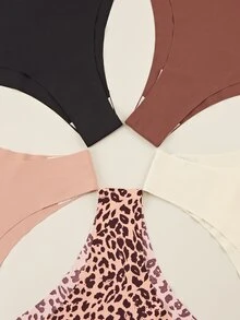 Bralution 5pcs/Pack Celana Dalam Segitiga Wanita Seksi Motif Leopard & Warna Polos Tanpa Jahitan - MultiWarna - View 3