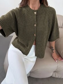 Firerie Women's Vintage Button Ribbed Patchwork Knit Cardigan - Army Green - View 4