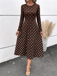 SHEIN Clasi 女款棕色與白色波點印花圓領長袖優雅復古中長洋裝，適合日常約會秋季穿著 - 彩色 - 查看 5