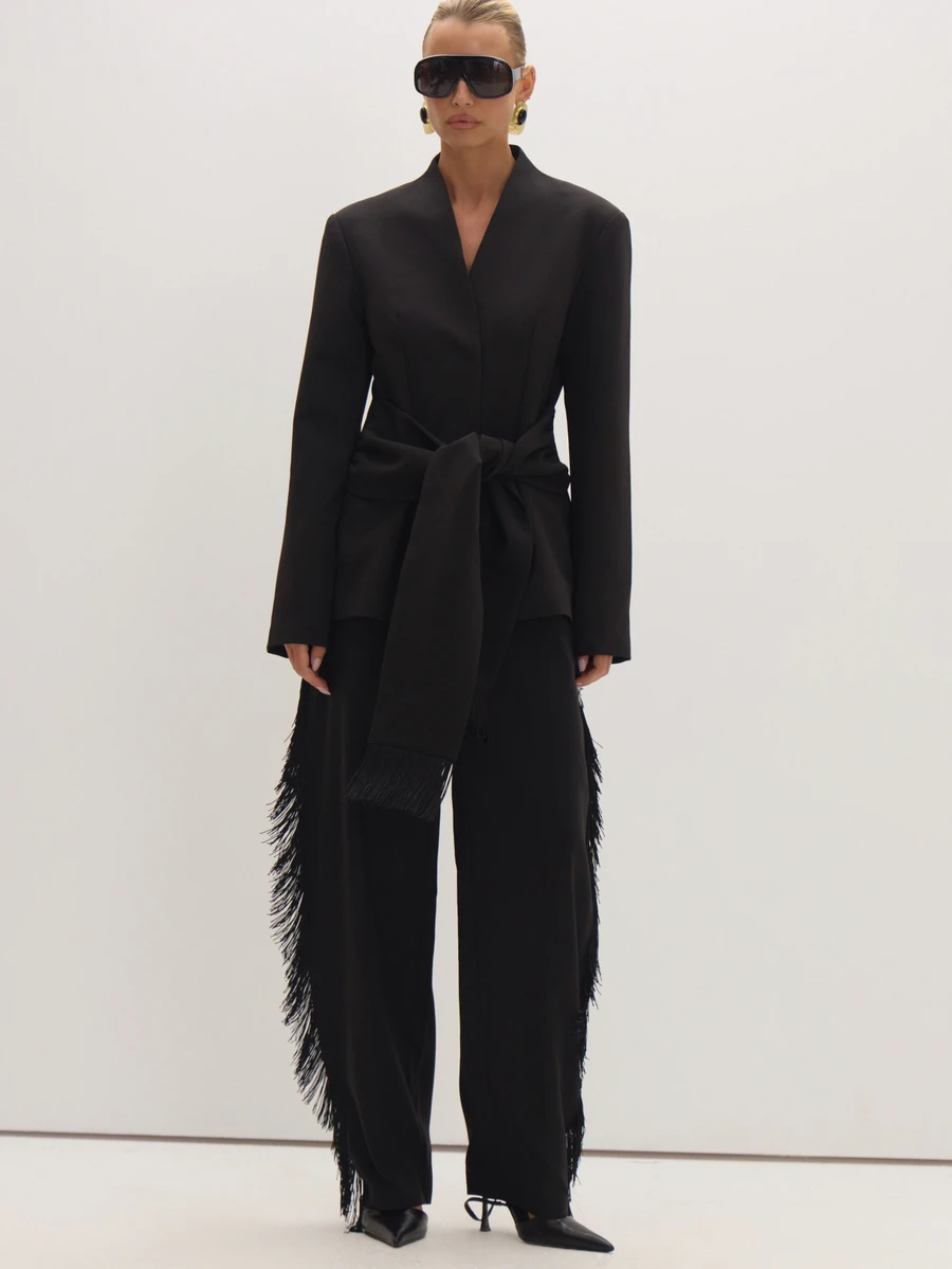 MUSEYN Black Woven Tassel Detail Suit Trousers Date Night Timeless Tailored Office New Season Fall - Black - View 1